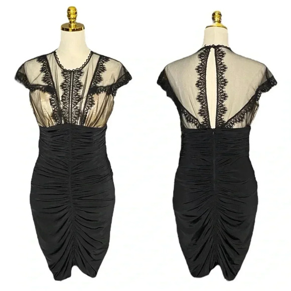 JESSICA McCLINTOCK | Y2K Black Mesh Lace Sheath Ruched Mini Dress Size 10 - Picture 1 of 10